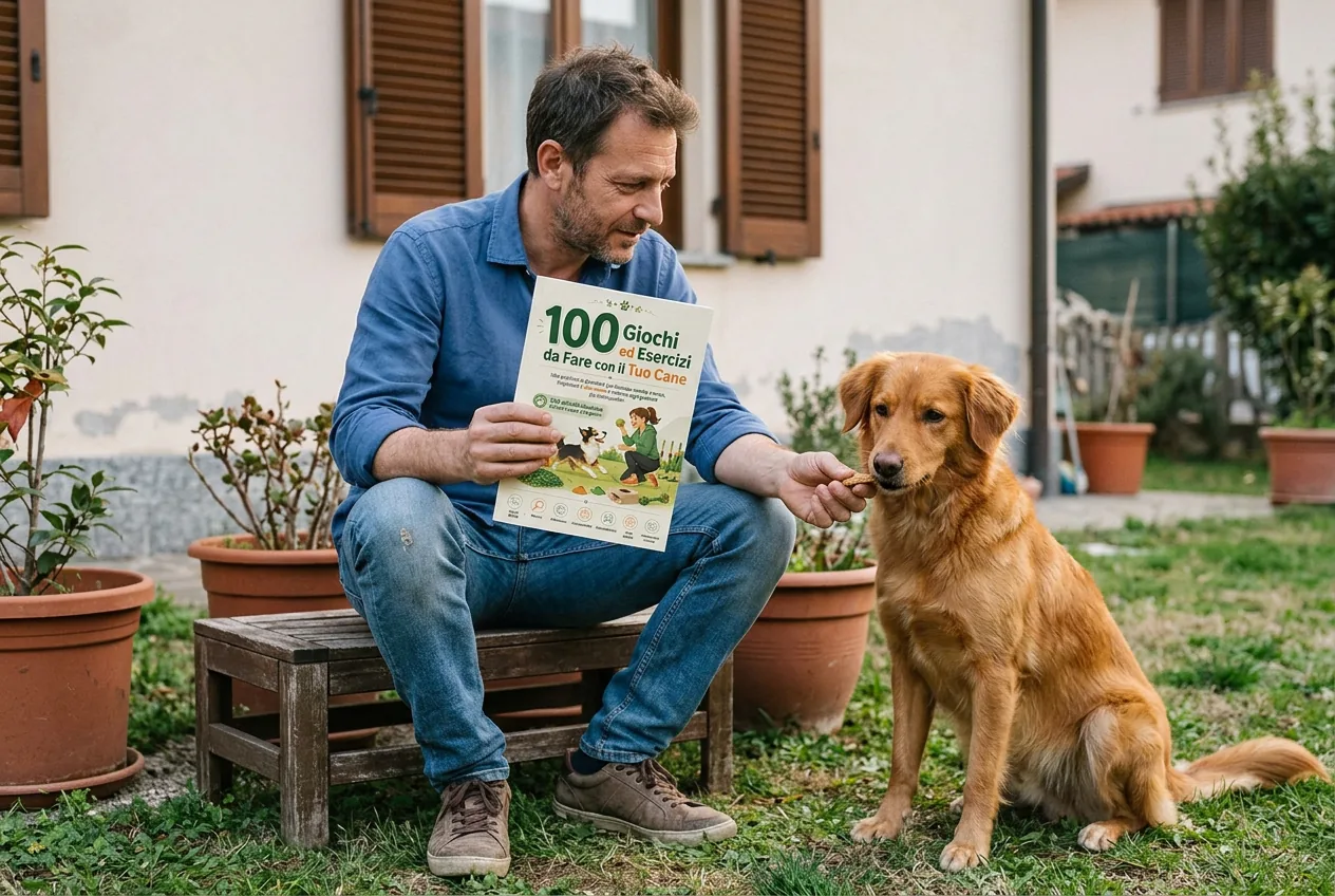 Uomo italiano che usa la guida con il suo cane
