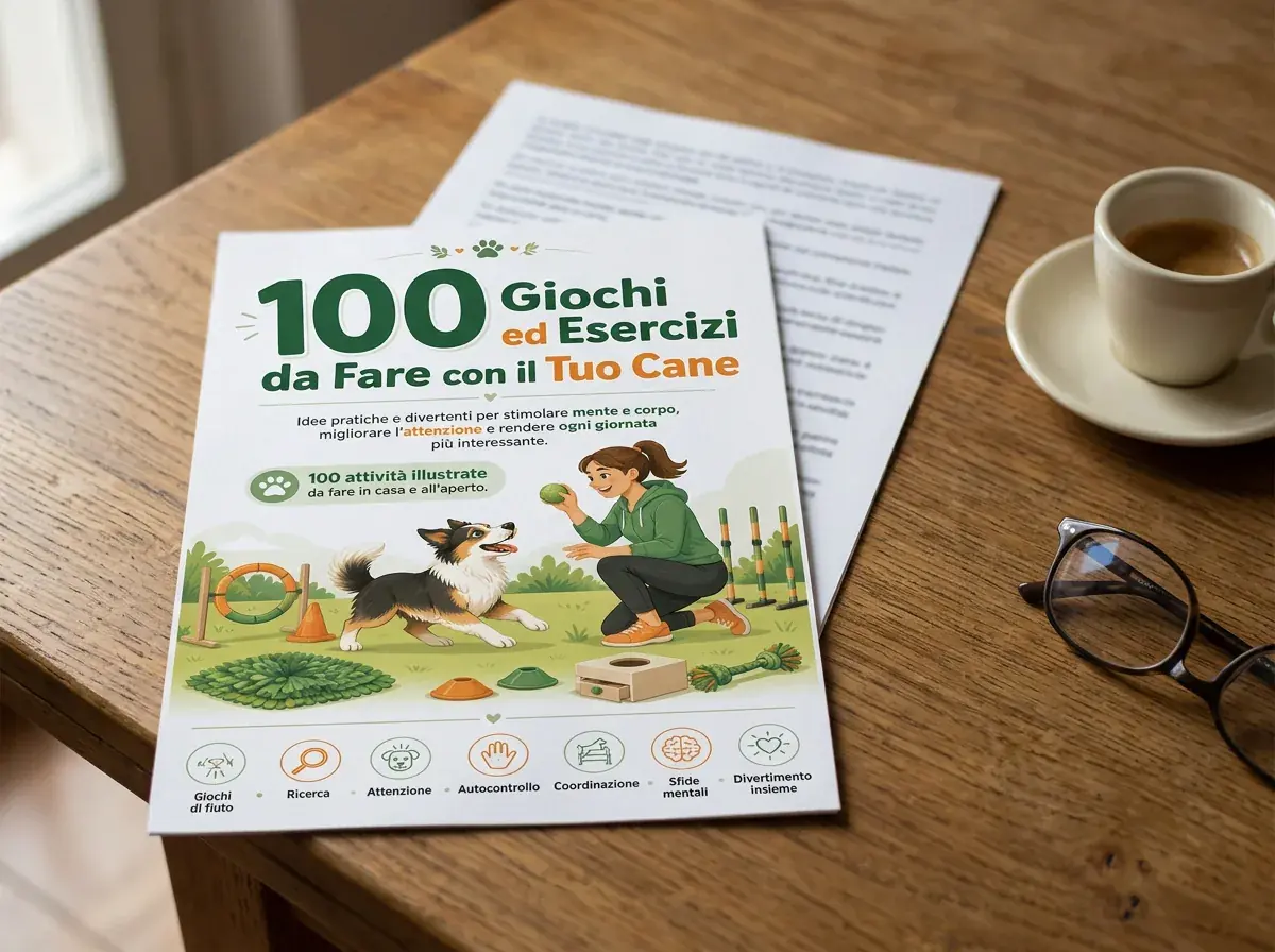 Schede stampate dei 100 giochi ed esercizi da fare con il tuo cane su un tavolo